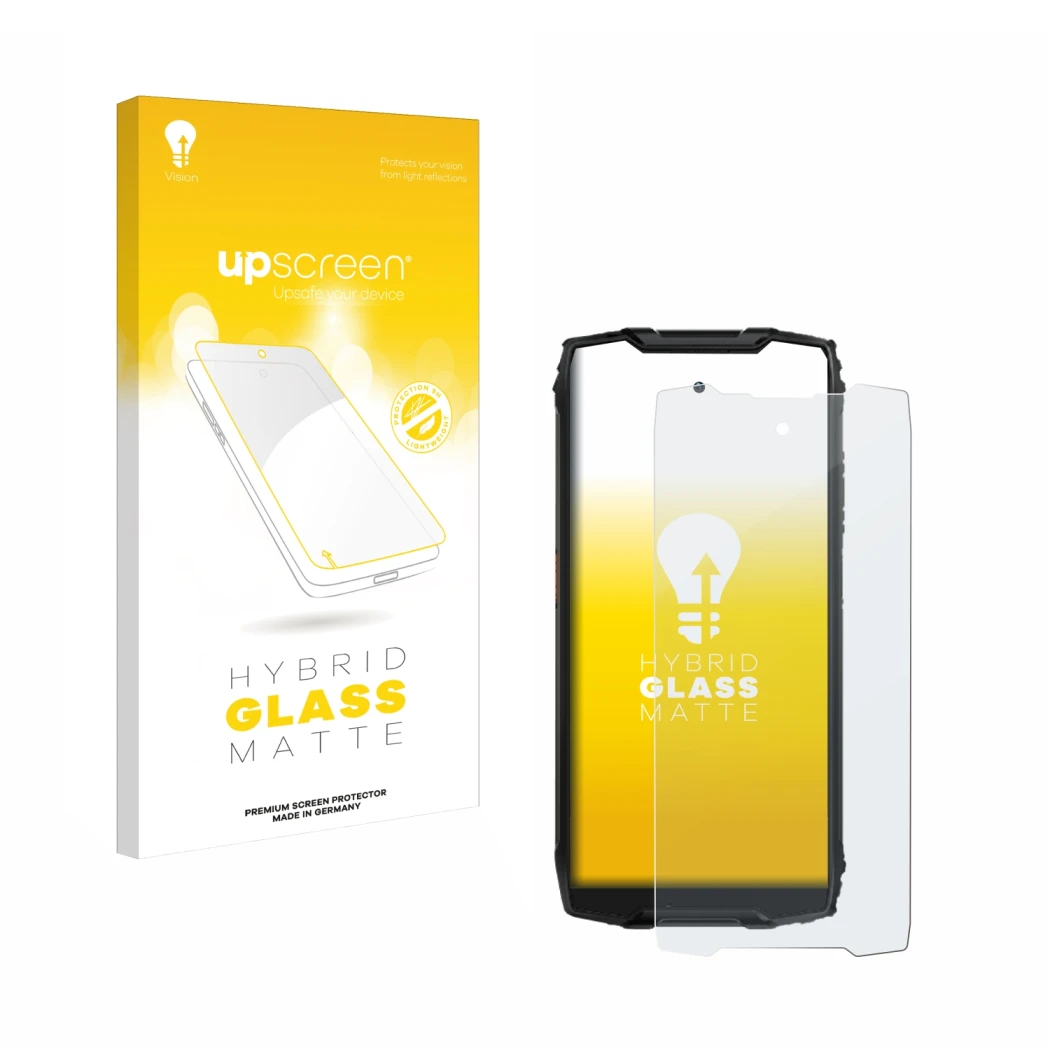 Face avant d’un emballage produit avec le logo de la marque upscreen. À côté, l’appareil Blackview BV9300 est représenté avec 