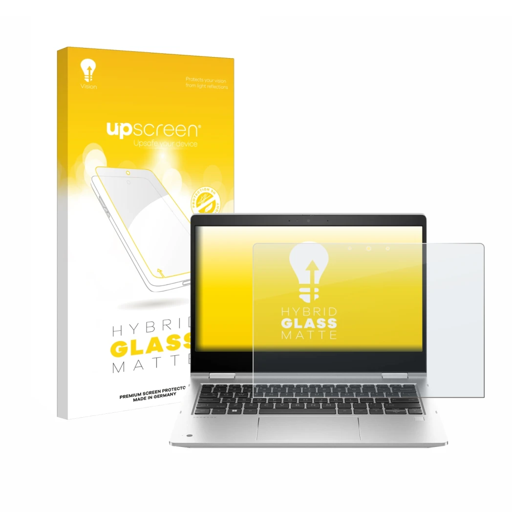 Face avant d’un emballage produit avec le logo de la marque upscreen. À côté, l’appareil HP ProBook x360 435 G10 est représent