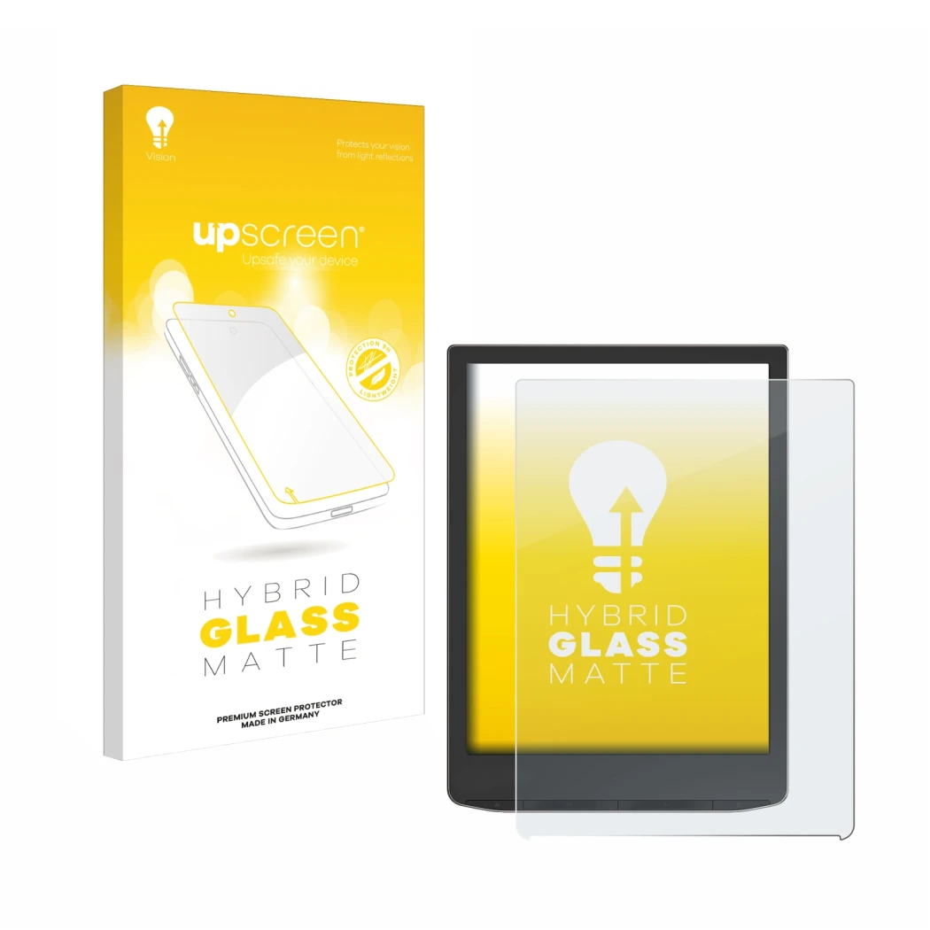 Face avant d’un emballage produit avec le logo de la marque upscreen. À côté, l’appareil PocketBook InkPad 4 est représenté av