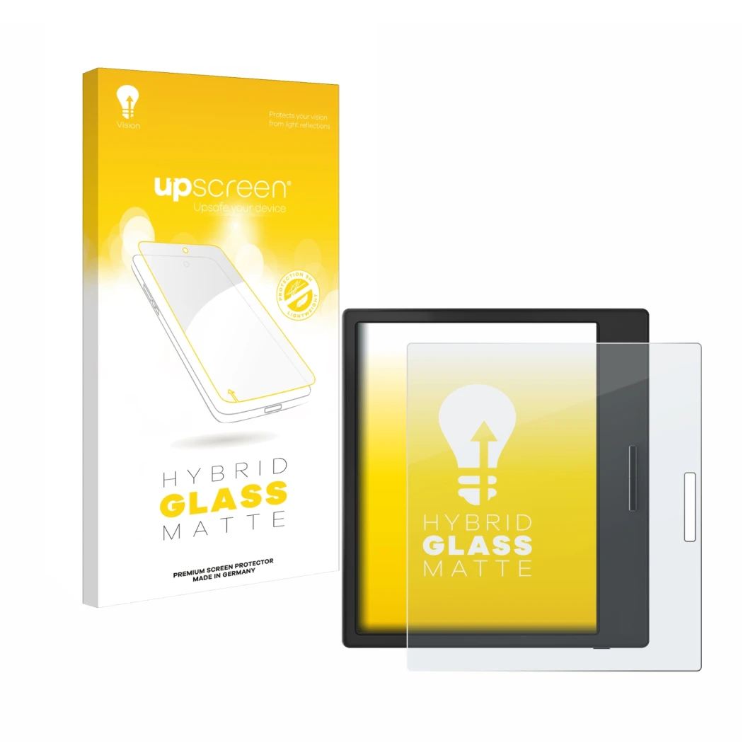 Face avant d’un emballage produit avec le logo de la marque upscreen. À côté, l’appareil Boox Page est représenté avec la prot