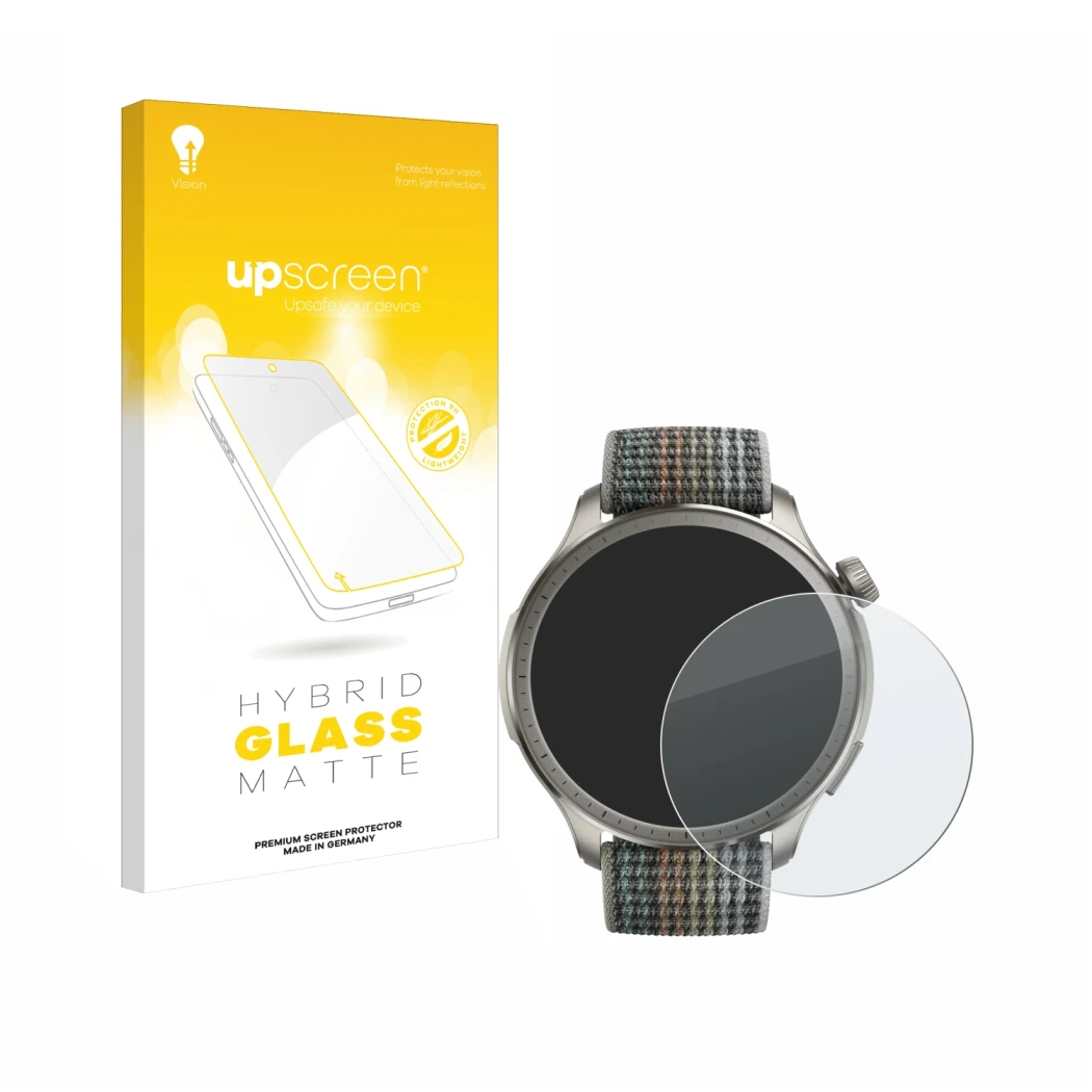 Face avant d’un emballage produit avec le logo de la marque upscreen. À côté, l’appareil Huami Amazfit Balance est représenté 