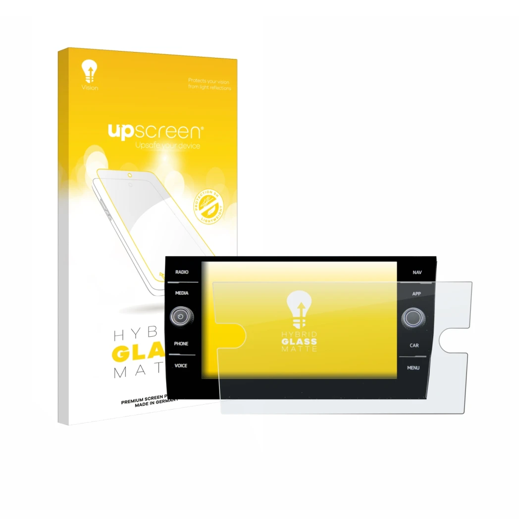 Face avant d’un emballage produit avec le logo de la marque upscreen. À côté, l’appareil Volkswagen Taigo Discover Media 8” 20