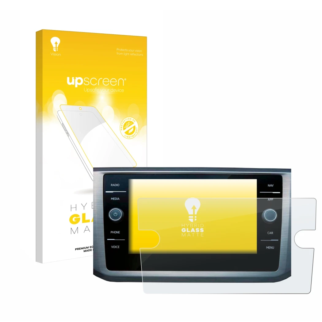 Face avant d’un emballage produit avec le logo de la marque upscreen. À côté, l’appareil Volkswagen Passat B8 Discover Media 8