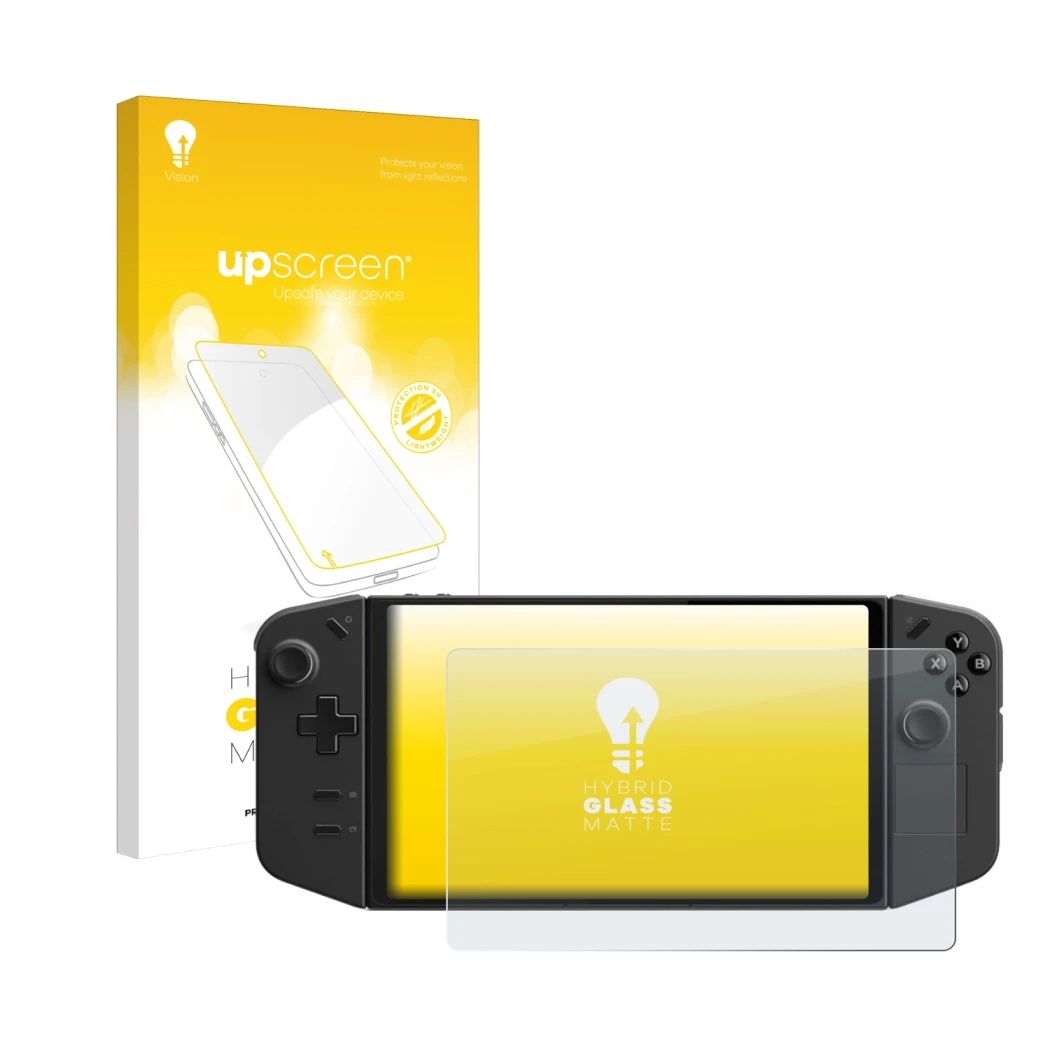 Face avant d’un emballage produit avec le logo de la marque upscreen. À côté, l’appareil Lenovo Legion Go est représenté avec 