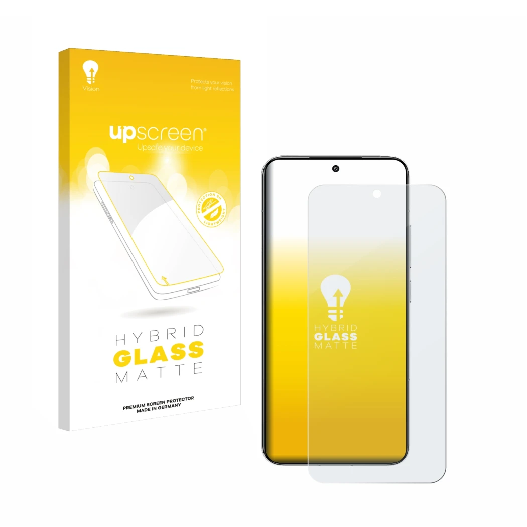 Face avant d’un emballage produit avec le logo de la marque upscreen. À côté, l’appareil Xiaomi 14 est représenté avec la prot