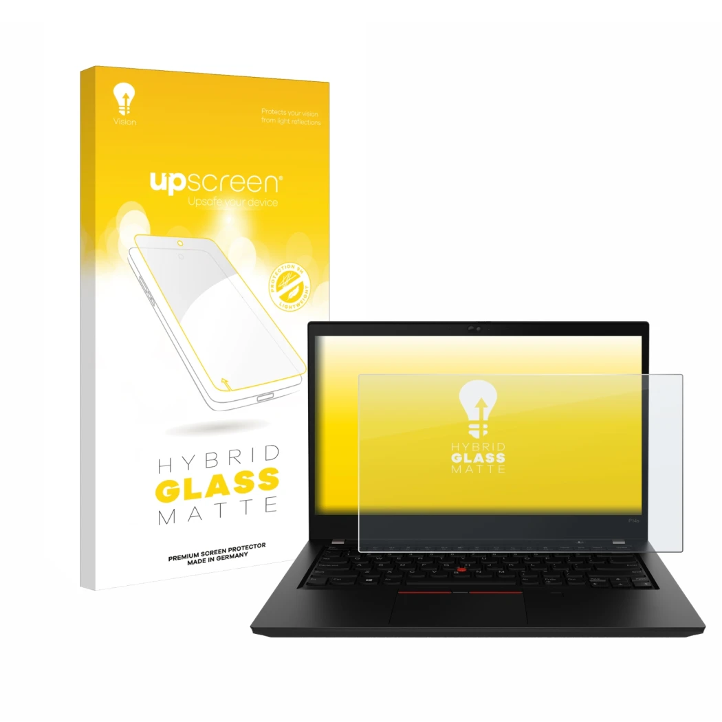 Face avant d’un emballage produit avec le logo de la marque upscreen. À côté, l’appareil Lenovo ThinkPad P14s Gen 2 est représ