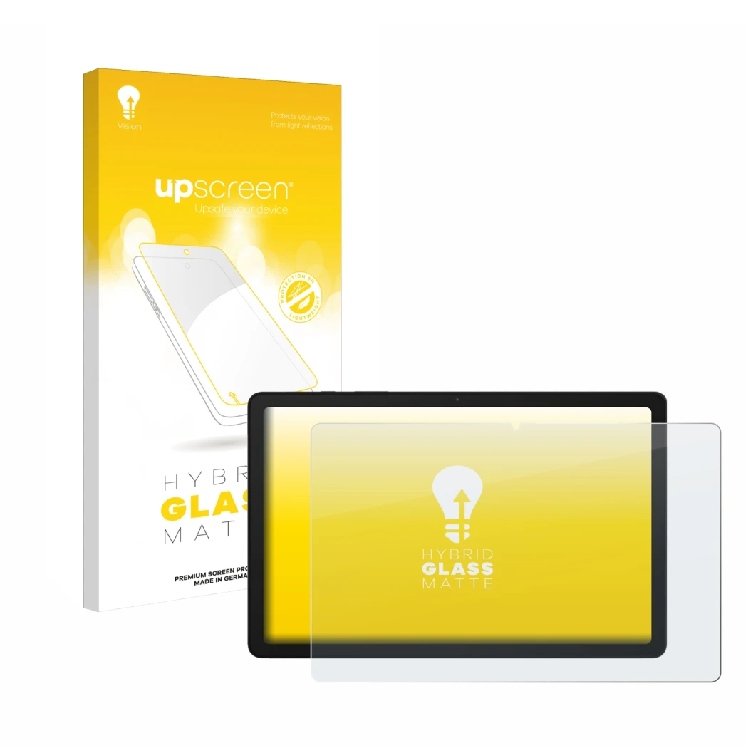 Face avant d’un emballage produit avec le logo de la marque upscreen. À côté, l’appareil Samsung Galaxy Tab A9 Plus WiFi est r