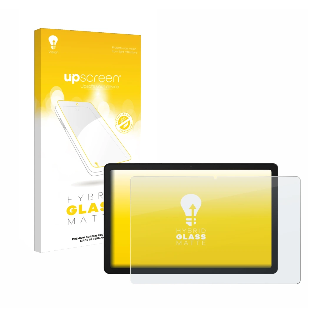 Face avant d’un emballage produit avec le logo de la marque upscreen. À côté, l’appareil Samsung Galaxy Tab A9 Plus 5G est rep