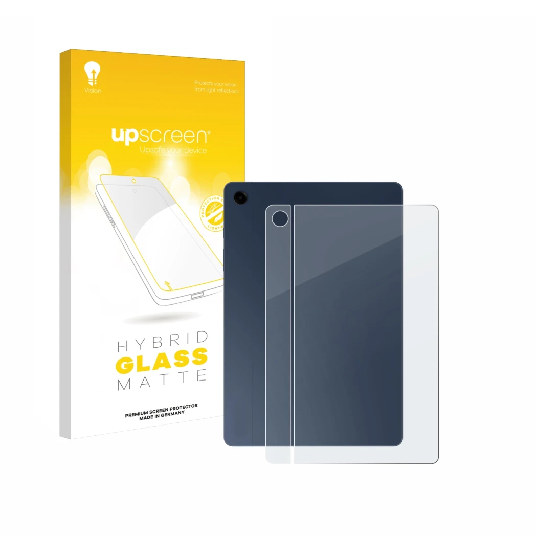 Face avant d’un emballage produit avec le logo de la marque upscreen. À côté, l’appareil Samsung Galaxy Tab A9 Plus 5G (Arrièr