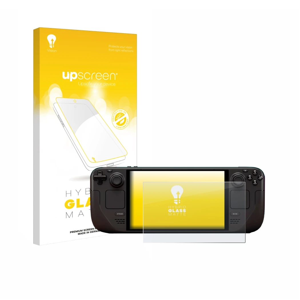 Face avant d’un emballage produit avec le logo de la marque upscreen. À côté, l’appareil Valve Steam Deck OLED est représenté 