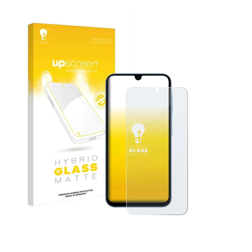 Face avant d’un emballage produit avec le logo de la marque upscreen. À côté, l’appareil Samsung Galaxy A15 est représenté ave