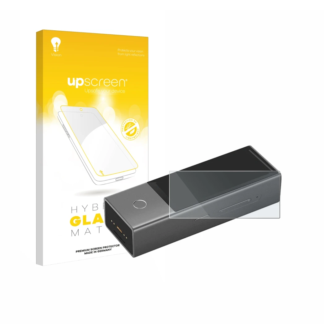 Face avant d’un emballage produit avec le logo de la marque upscreen. À côté, l’appareil Timekettle X1 est représenté avec la 