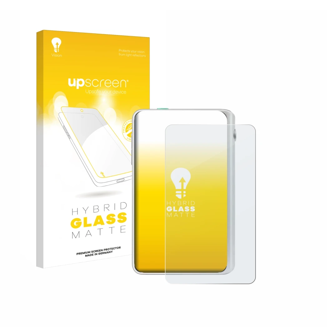 Face avant d’un emballage produit avec le logo de la marque upscreen. À côté, l’appareil Timekettle Fluentalk T1 Mini est repr