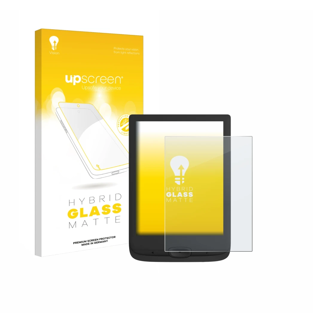 Face avant d’un emballage produit avec le logo de la marque upscreen. À côté, l’appareil PocketBook Basic Lux 4 est représenté