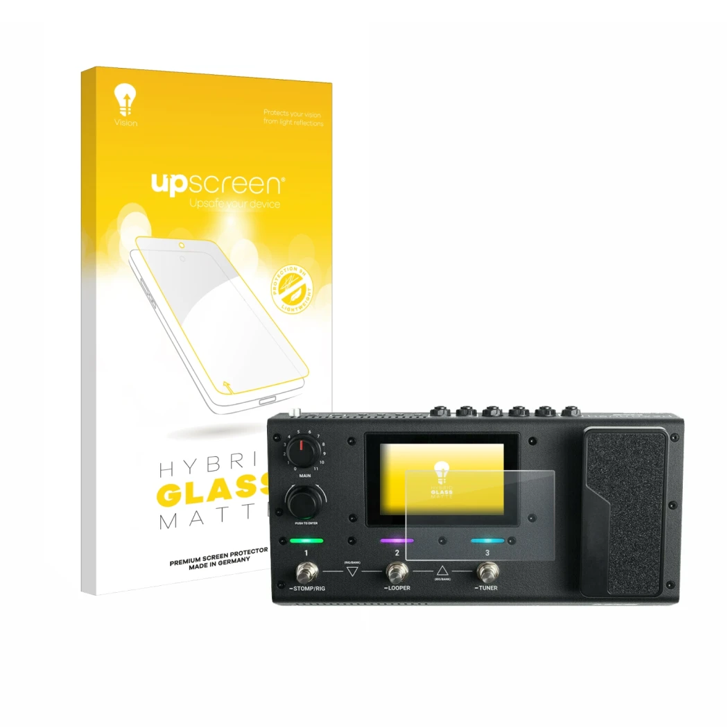 Face avant d’un emballage produit avec le logo de la marque upscreen. À côté, l’appareil Headrush MX5 est représenté avec la p