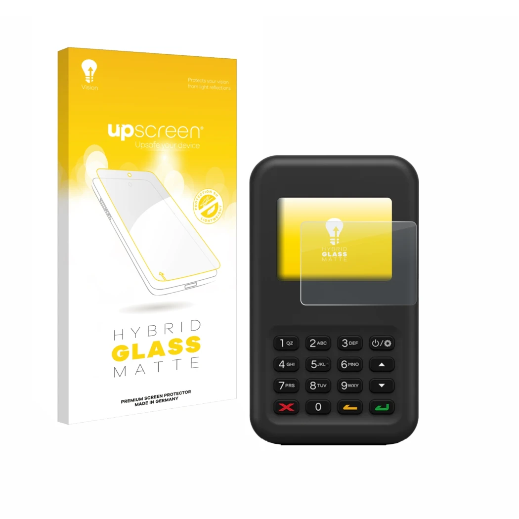 Face avant d’un emballage produit avec le logo de la marque upscreen. À côté, l’appareil Shopify WisePad 3 est représenté avec