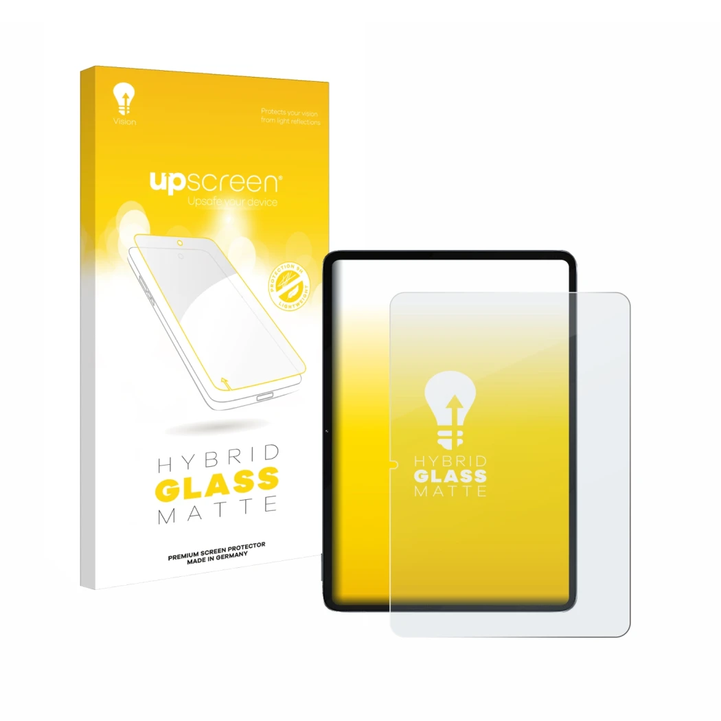 Face avant d’un emballage produit avec le logo de la marque upscreen. À côté, l’appareil Xiaomi Pad 6S Pro 12.4