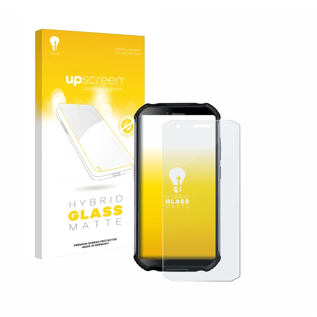 Face avant d’un emballage produit avec le logo de la marque upscreen. À côté, l’appareil Doogee S41 Plus est représenté avec l
