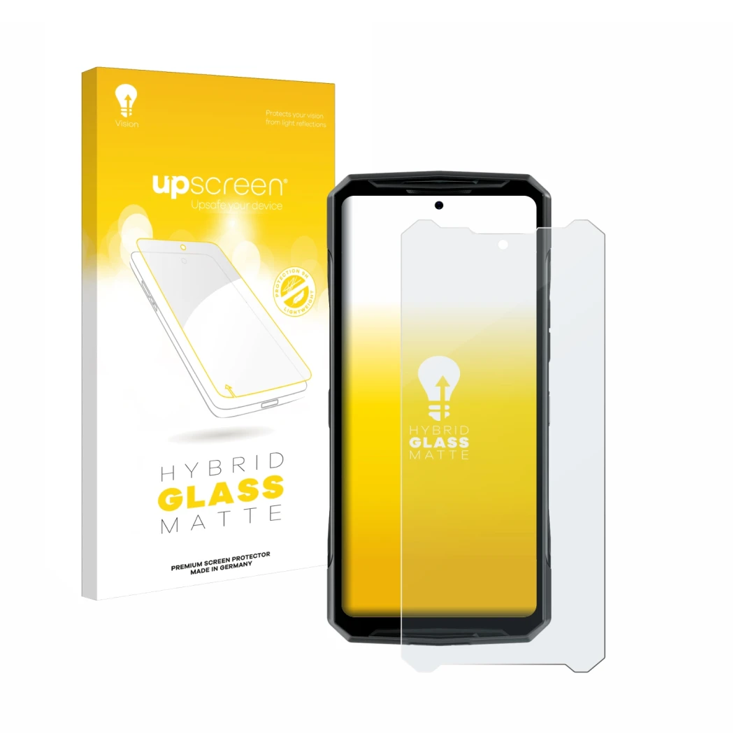 Face avant d’un emballage produit avec le logo de la marque upscreen. À côté, l’appareil Doogee DK10 est représenté avec la pr