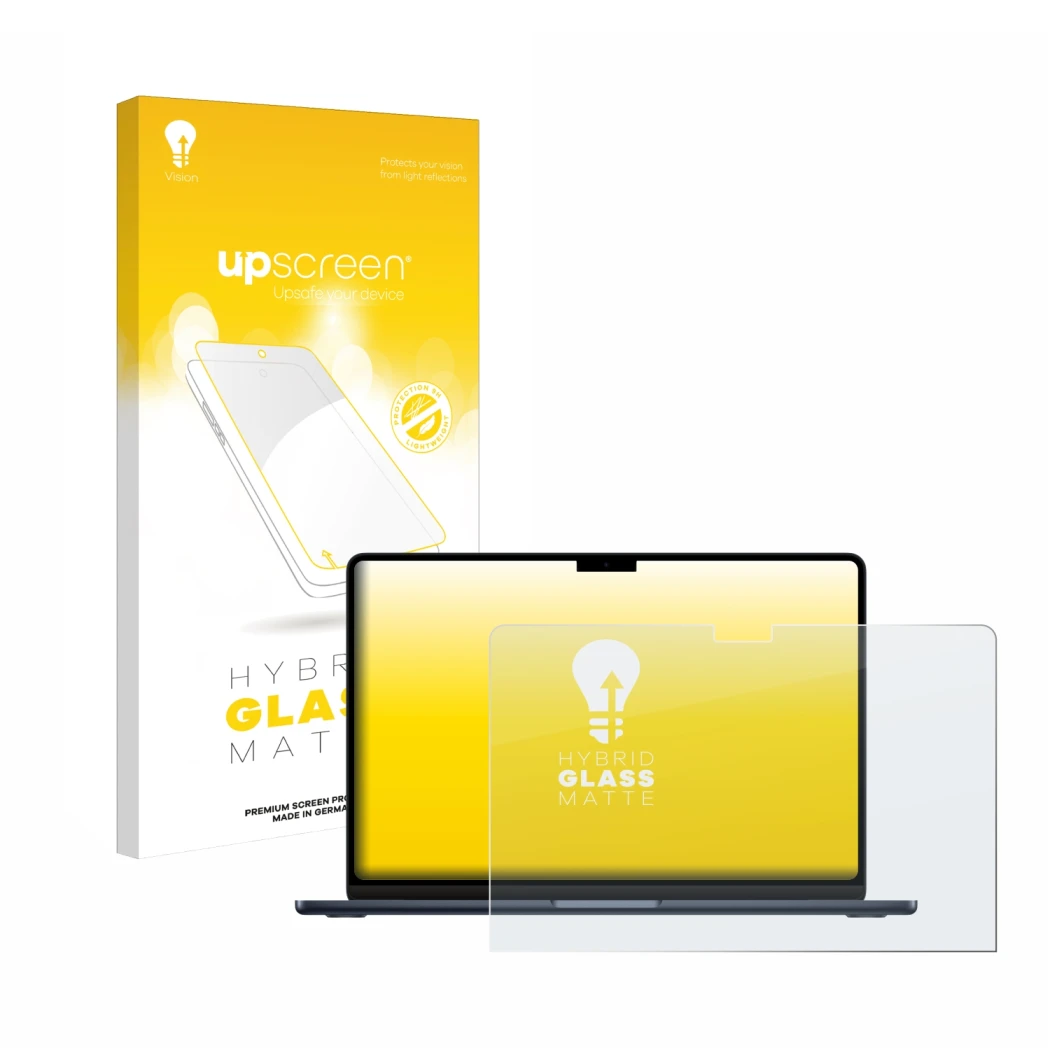 Face avant d’un emballage produit avec le logo de la marque upscreen. À côté, l’appareil Apple MacBook Air 13