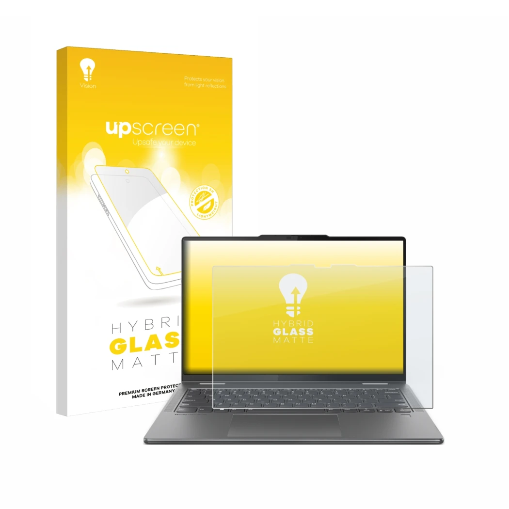 Face avant d’un emballage produit avec le logo de la marque upscreen. À côté, l’appareil Lenovo Yoga 7 2-in-1 Gen 9 14