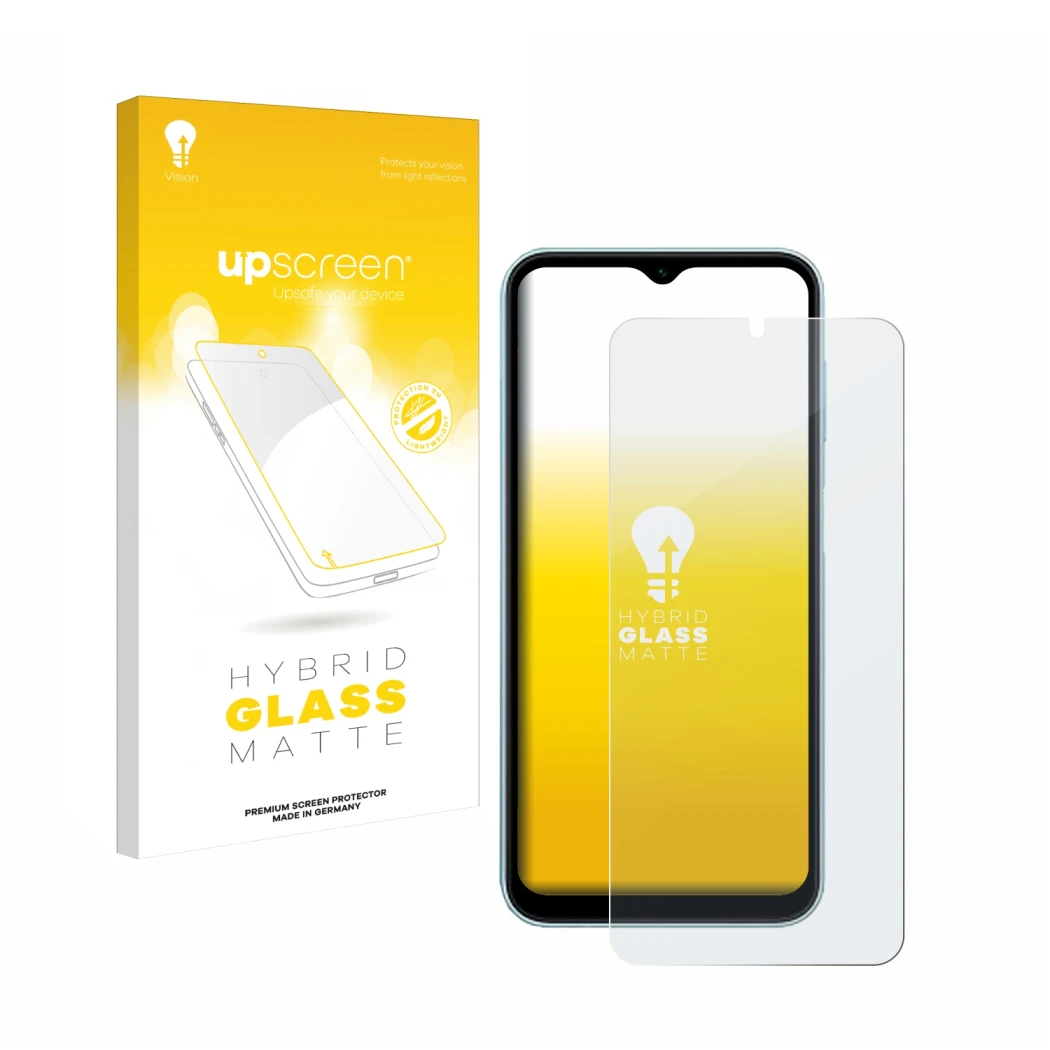 Face avant d’un emballage produit avec le logo de la marque upscreen. À côté, l’appareil Samsung Galaxy M15 est représenté ave