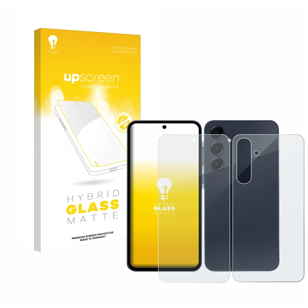Face avant d’un emballage produit avec le logo de la marque upscreen. À côté, l’appareil Samsung Galaxy A55 5G (Avant+Arrière)