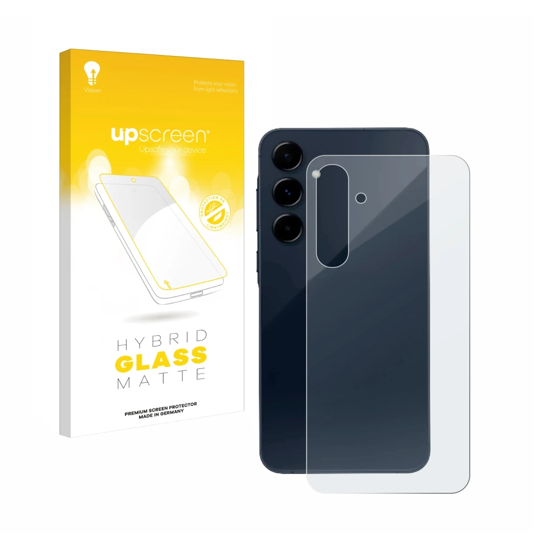 Face avant d’un emballage produit avec le logo de la marque upscreen. À côté, l’appareil Samsung Galaxy A35 5G (Arrière) est r