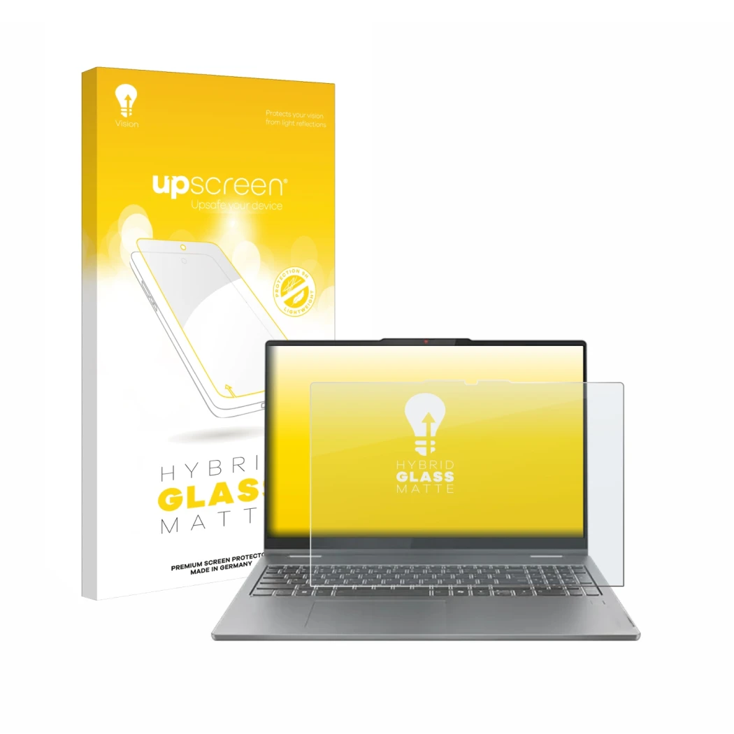 Face avant d’un emballage produit avec le logo de la marque upscreen. À côté, l’appareil Lenovo IdeaPad 5 2-in-1 Gen 9 16