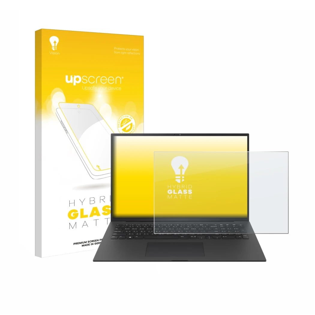 Face avant d’un emballage produit avec le logo de la marque upscreen. À côté, l’appareil LG gram Pro 17 2024 est représenté av