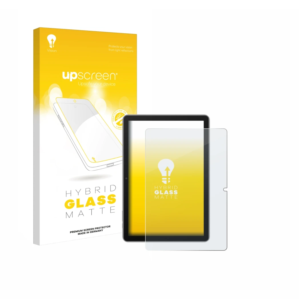 Face avant d’un emballage produit avec le logo de la marque upscreen. À côté, l’appareil Blackview Tab 70 est représenté avec 