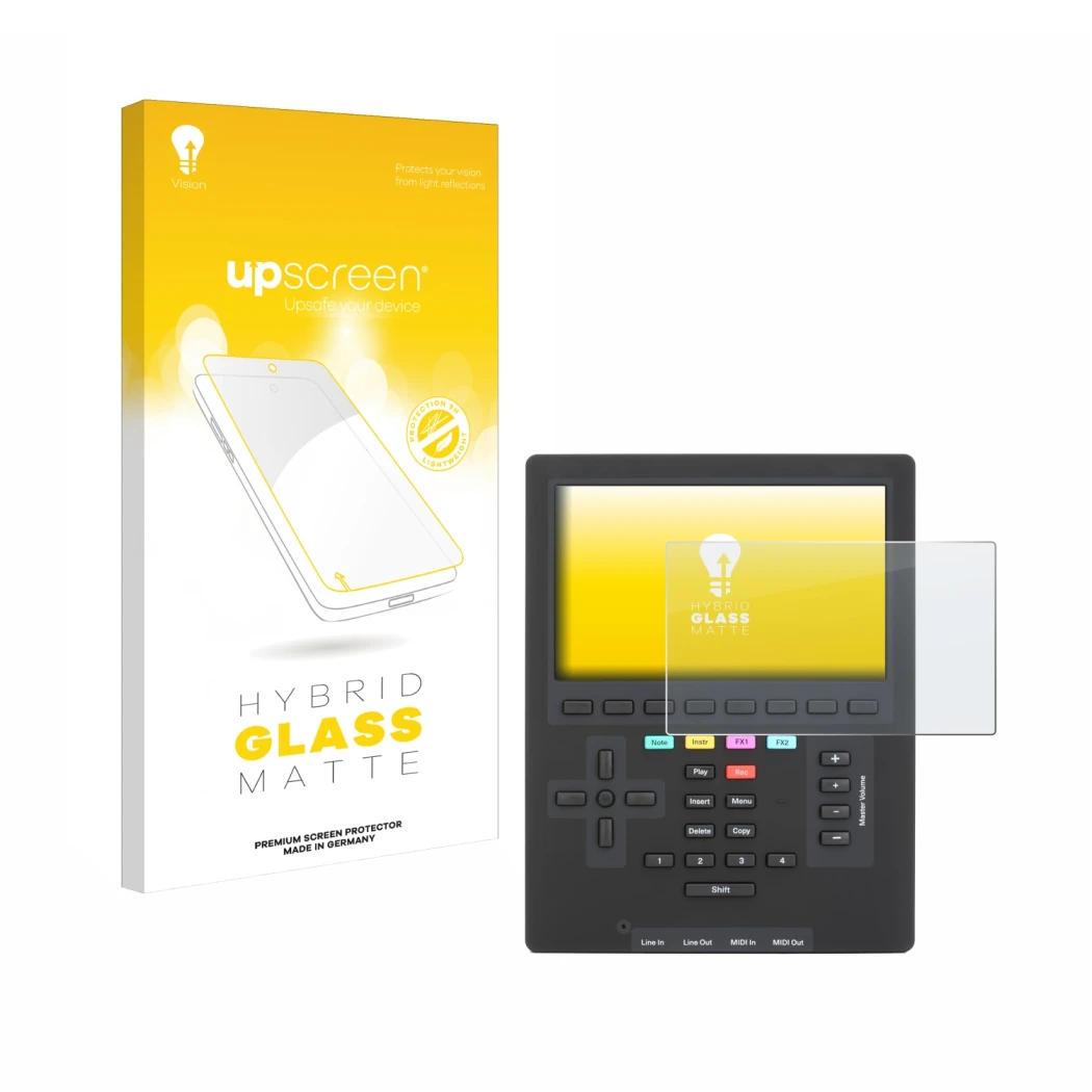 Face avant d’un emballage produit avec le logo de la marque upscreen. À côté, l’appareil Polyend Tracker Mini est représenté a