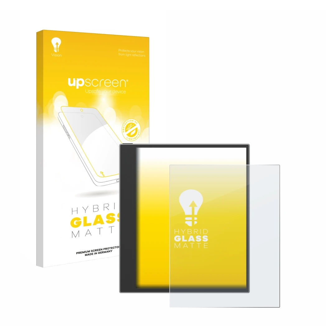 Face avant d’un emballage produit avec le logo de la marque upscreen. À côté, l’appareil PocketBook InkPad Eo (2024) est repré