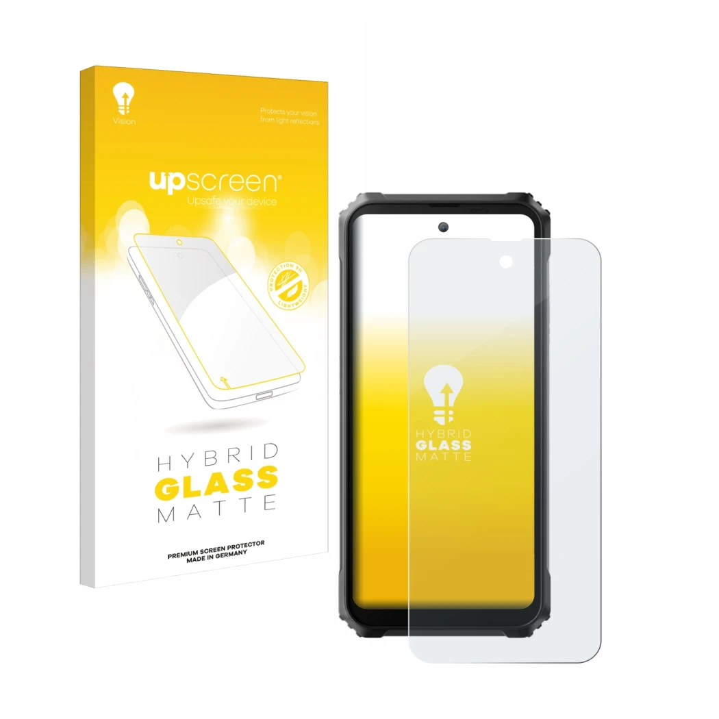 Face avant d’un emballage produit avec le logo de la marque upscreen. À côté, l’appareil Blackview BL9000 est représenté avec 