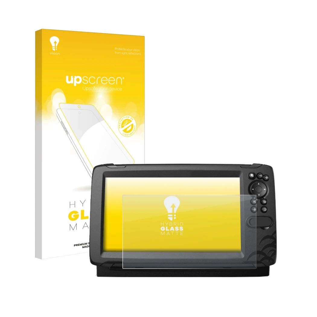 Face avant d’un emballage produit avec le logo de la marque upscreen. À côté, l’appareil Lowrance HOOK Reveal 9 est représenté