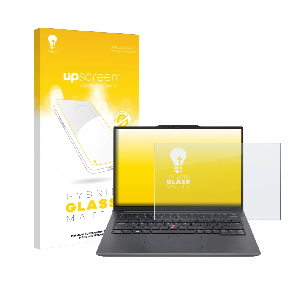 Face avant d’un emballage produit avec le logo de la marque upscreen. À côté, l’appareil Lenovo ThinkPad E14 Gen 6 est représe