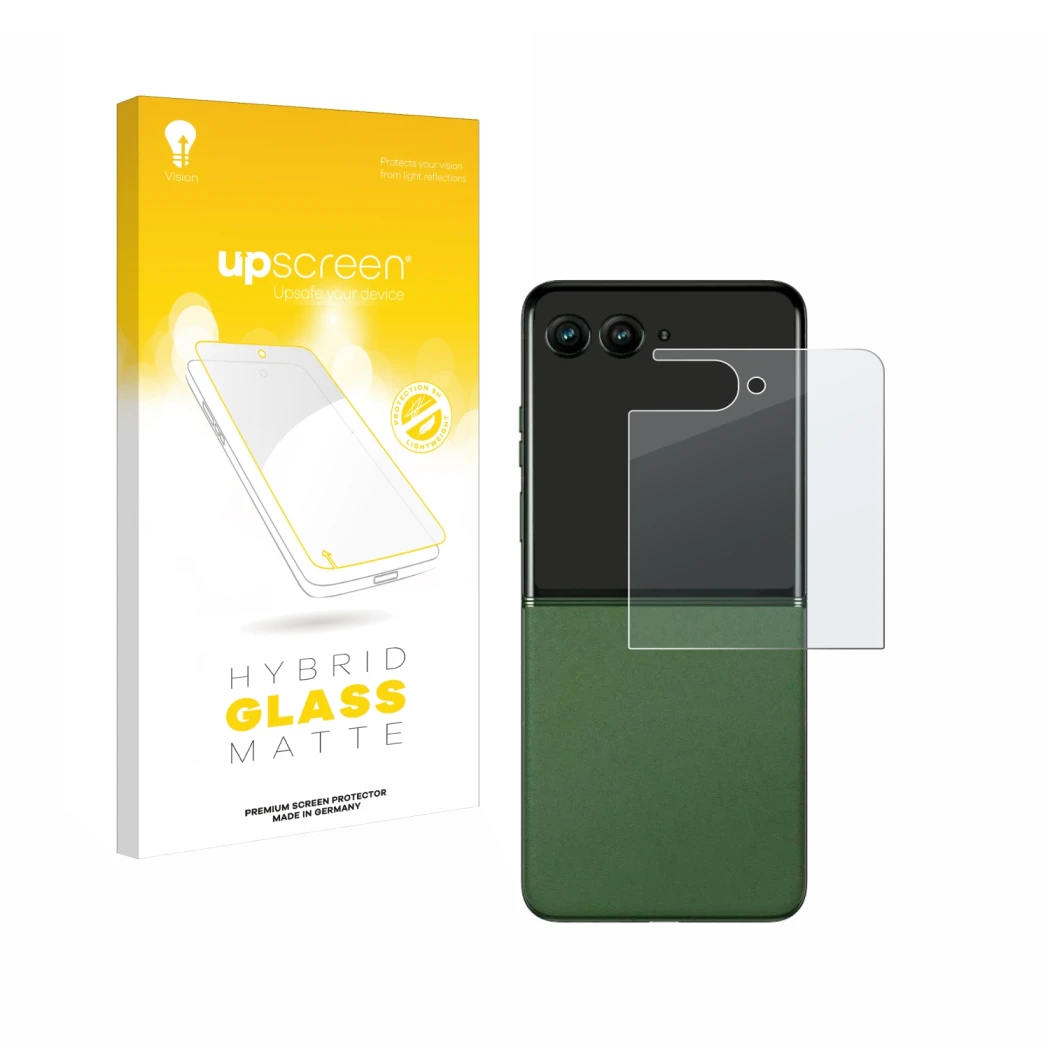 Face avant d’un emballage produit avec le logo de la marque upscreen. À côté, l’appareil Motorola Razr 50 Ultra (Affichage arr