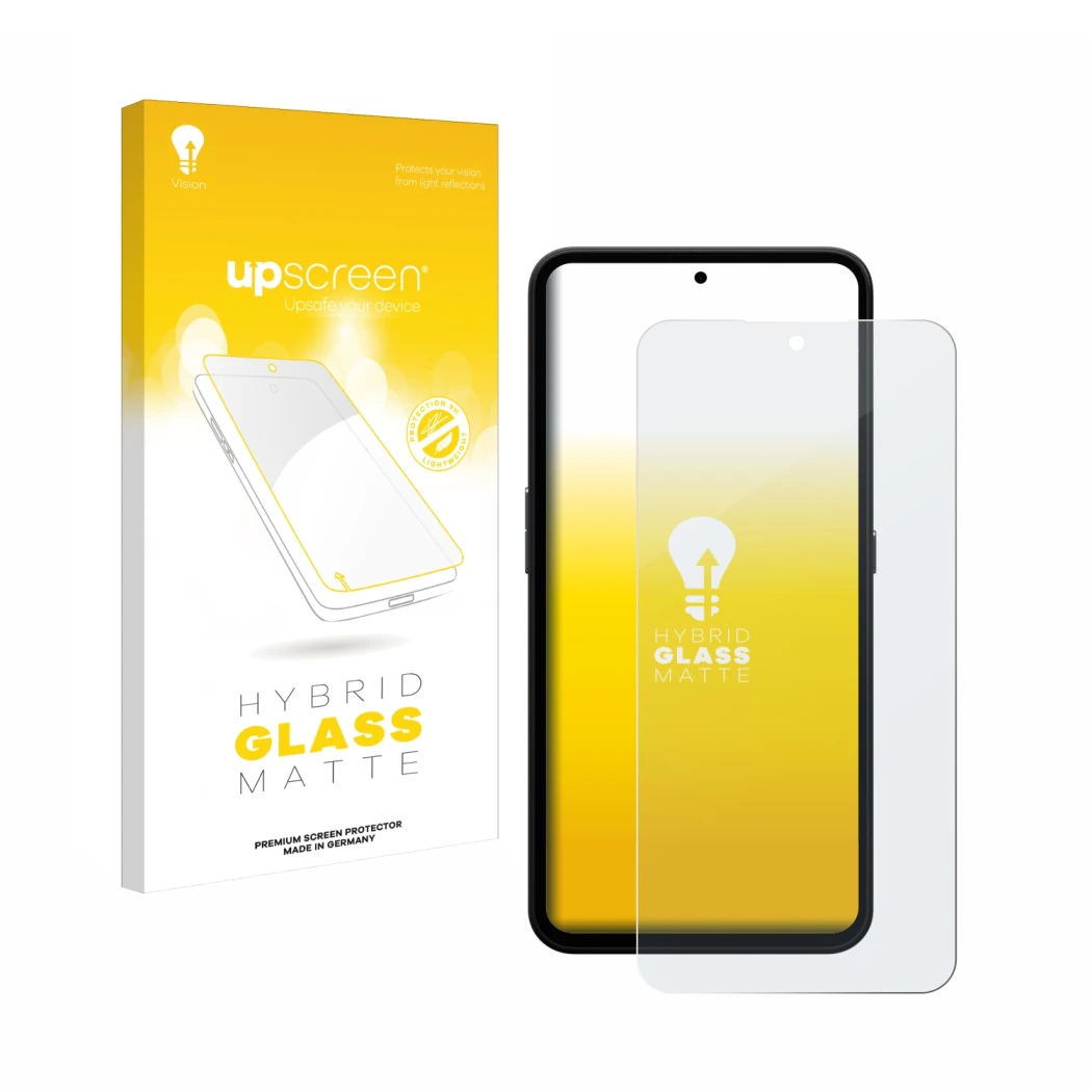 Face avant d’un emballage produit avec le logo de la marque upscreen. À côté, l’appareil Nothing CMF Phone 1 est représenté av