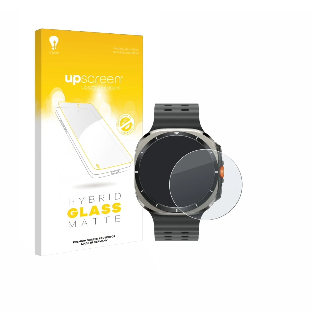 Face avant d’un emballage produit avec le logo de la marque upscreen. À côté, l’appareil Samsung Galaxy Watch Ultra (47 mm) es