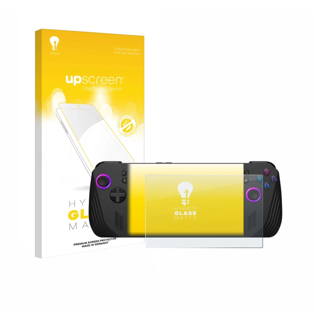 Face avant d’un emballage produit avec le logo de la marque upscreen. À côté, l’appareil ASUS ROG Ally X (2024) est représenté