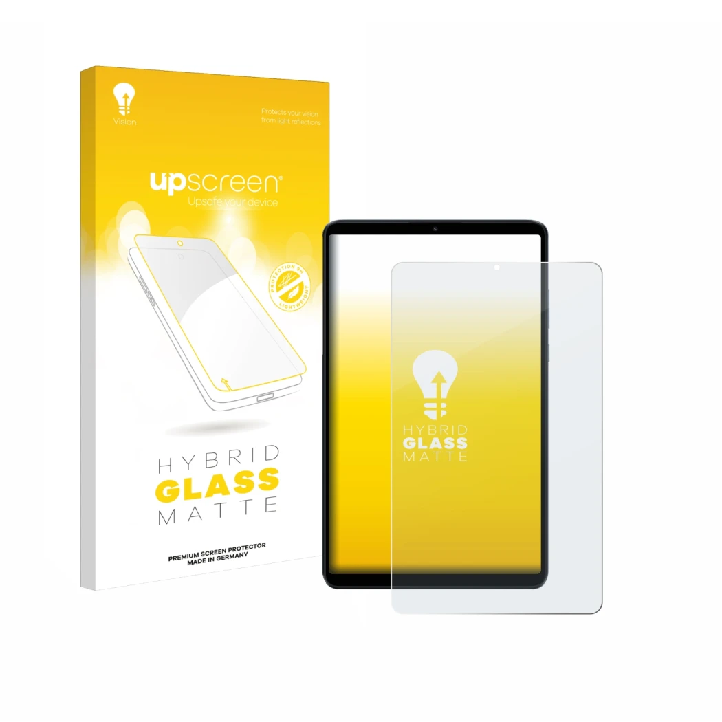 Face avant d’un emballage produit avec le logo de la marque upscreen. À côté, l’appareil Xiaomi Redmi Pad SE 8.7 est représent