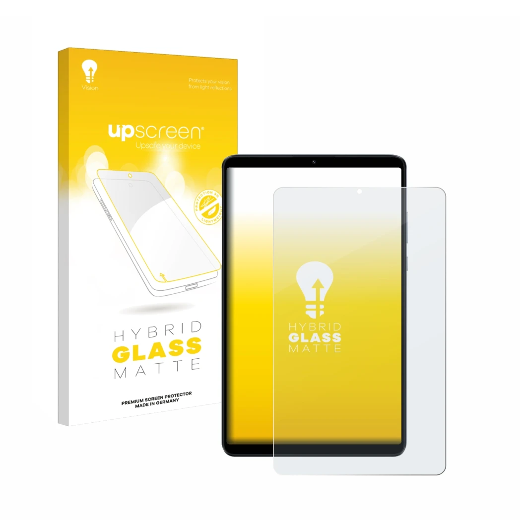 Face avant d’un emballage produit avec le logo de la marque upscreen. À côté, l’appareil Xiaomi Redmi Pad SE 8.7 4G est représ