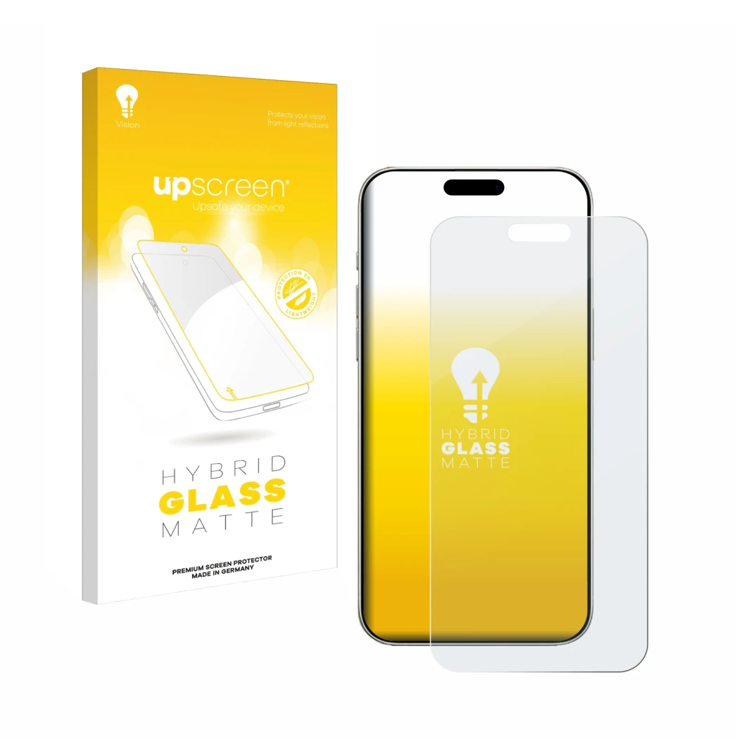 Face avant d’un emballage produit avec le logo de la marque upscreen. À côté, l’appareil Apple iPhone 16 Pro est représenté av
