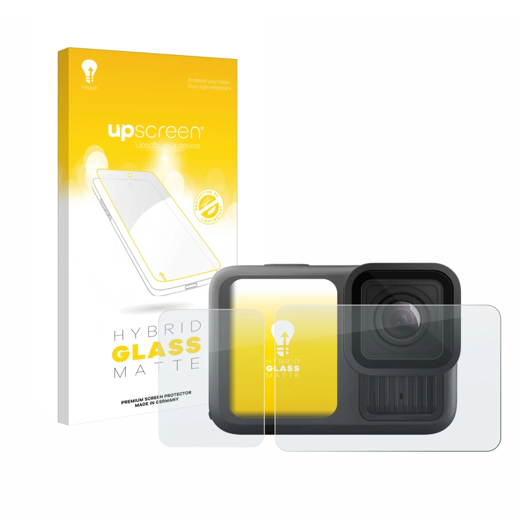 Face avant d’un emballage produit avec le logo de la marque upscreen. À côté, l’appareil GoPro Hero 13 Black est représenté av