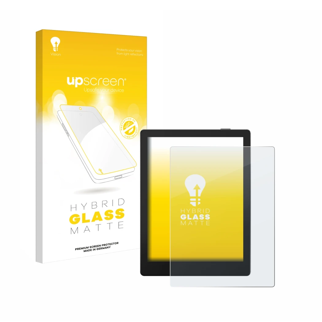 Face avant d’un emballage produit avec le logo de la marque upscreen. À côté, l’appareil Boox Go 6 est représenté avec la prot