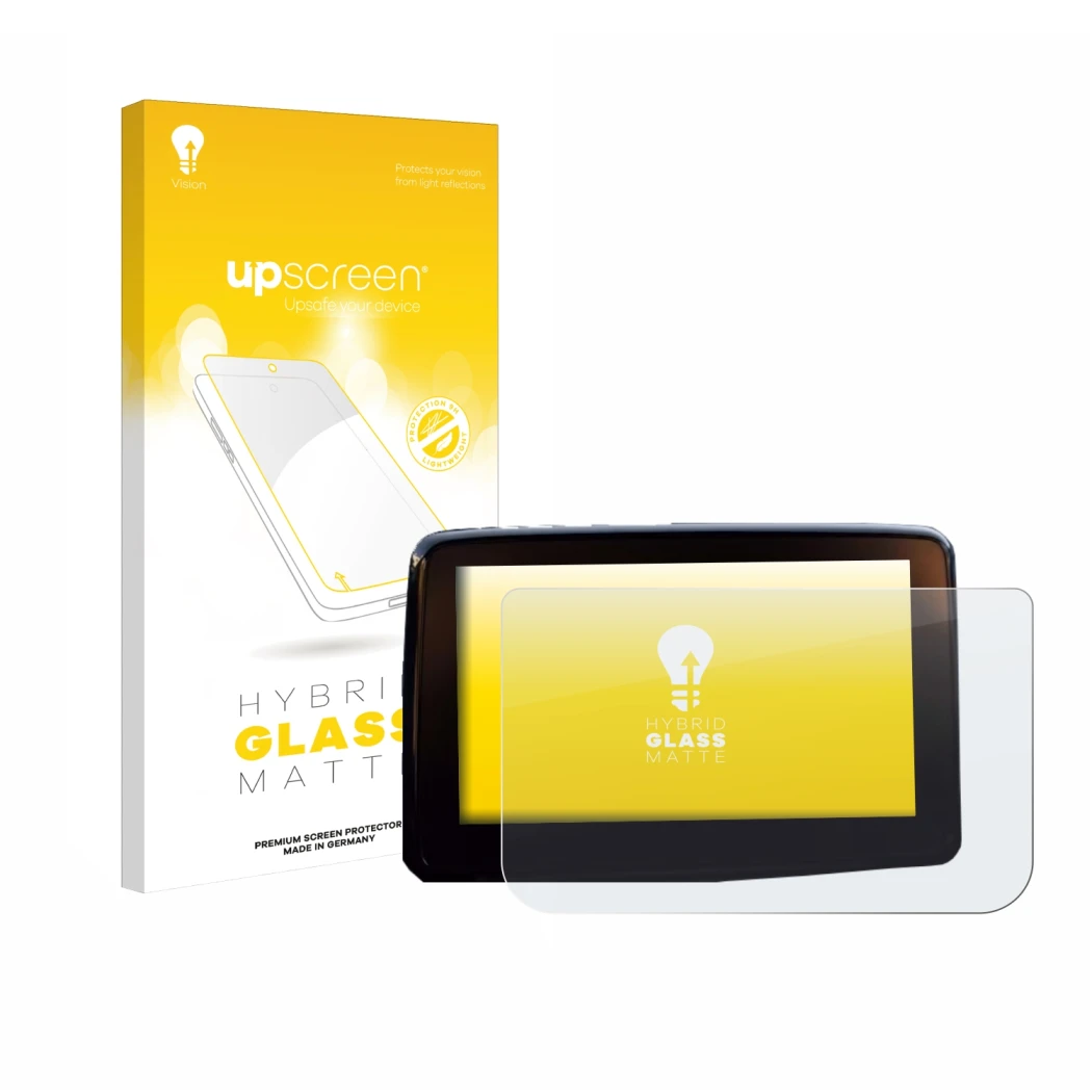 Face avant d’un emballage produit avec le logo de la marque upscreen. À côté, l’appareil Mazda 2 BJ 2024 est représenté avec l