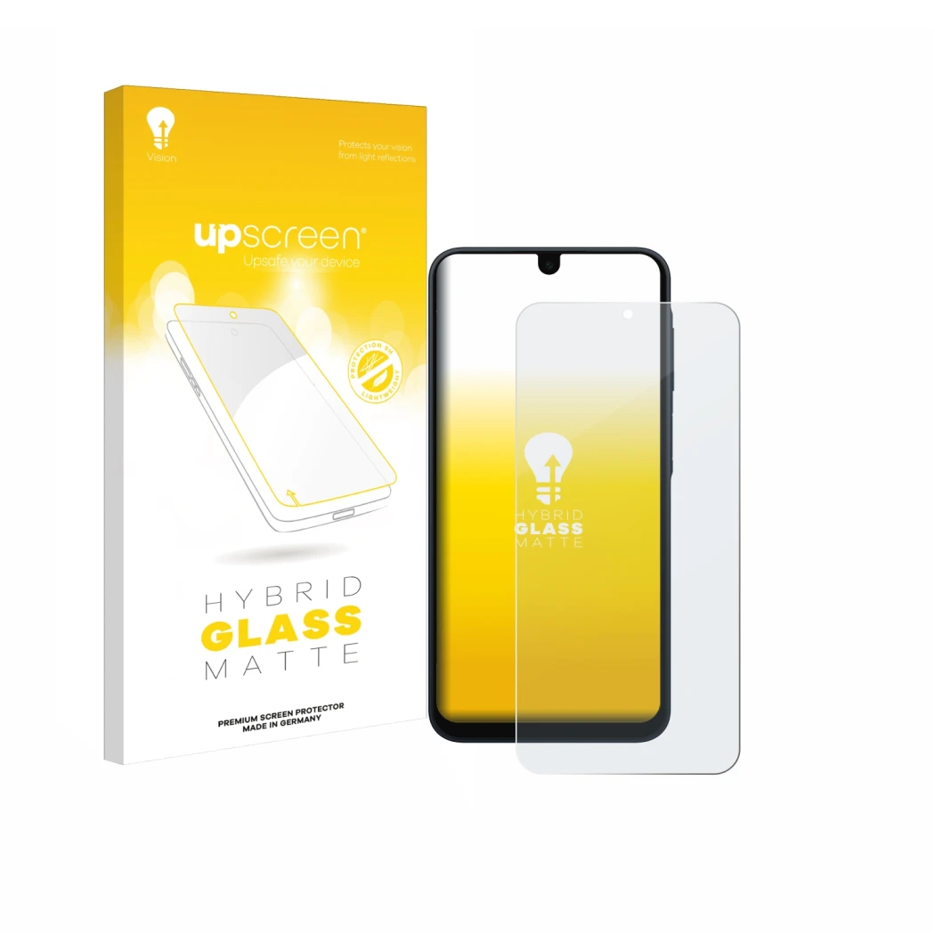 Face avant d’un emballage produit avec le logo de la marque upscreen. À côté, l’appareil Samsung Galaxy A16 5G est représenté 