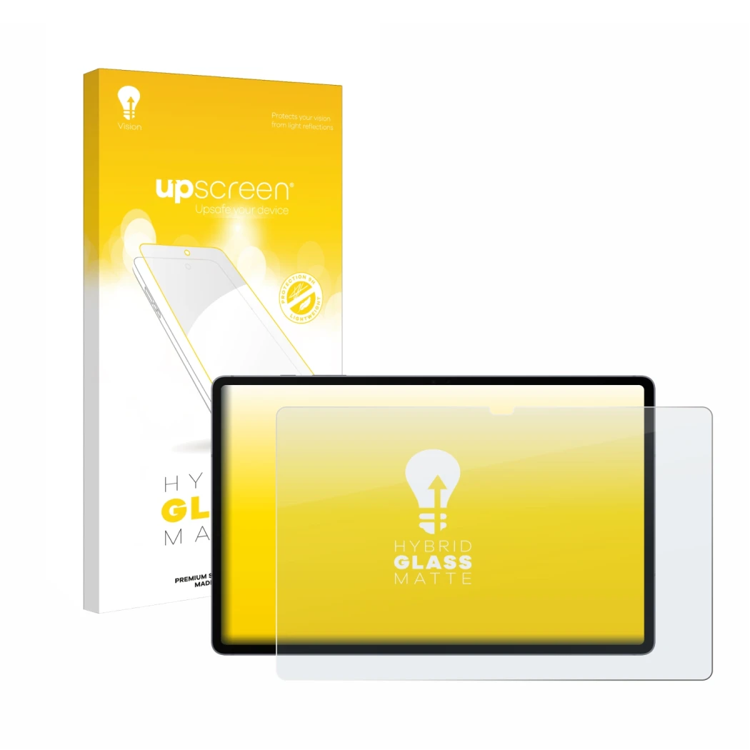 Face avant d’un emballage produit avec le logo de la marque upscreen. À côté, l’appareil Samsung Galaxy Tab S10 Plus WiFi est 