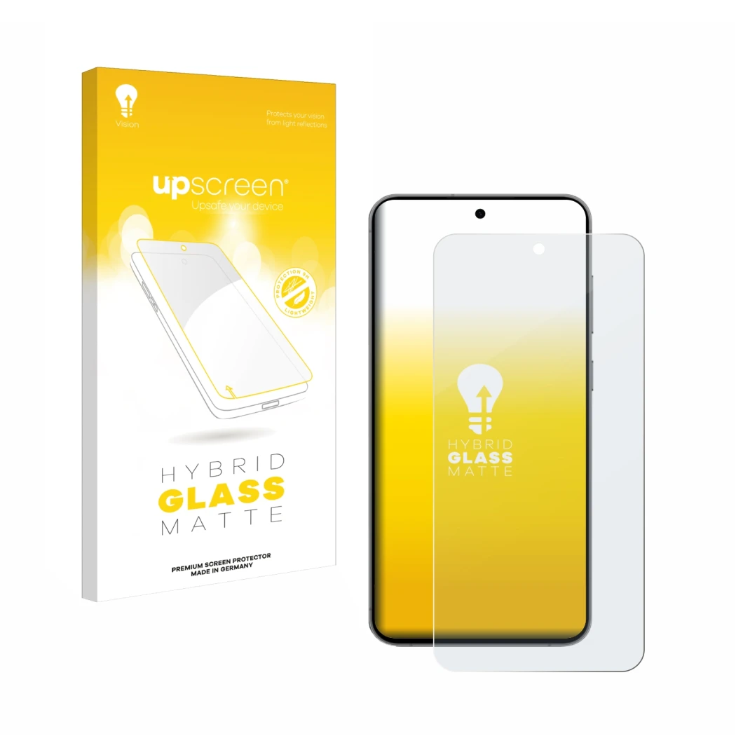 Face avant d’un emballage produit avec le logo de la marque upscreen. À côté, l’appareil Samsung Galaxy S24 FE est représenté 