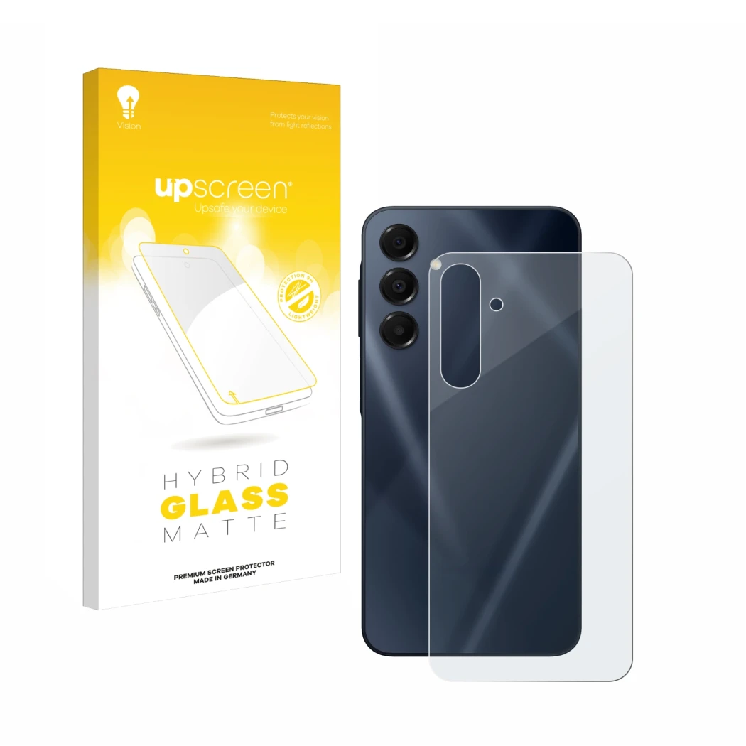 Face avant d’un emballage produit avec le logo de la marque upscreen. À côté, l’appareil Samsung Galaxy A16 5G (Arrière) est r